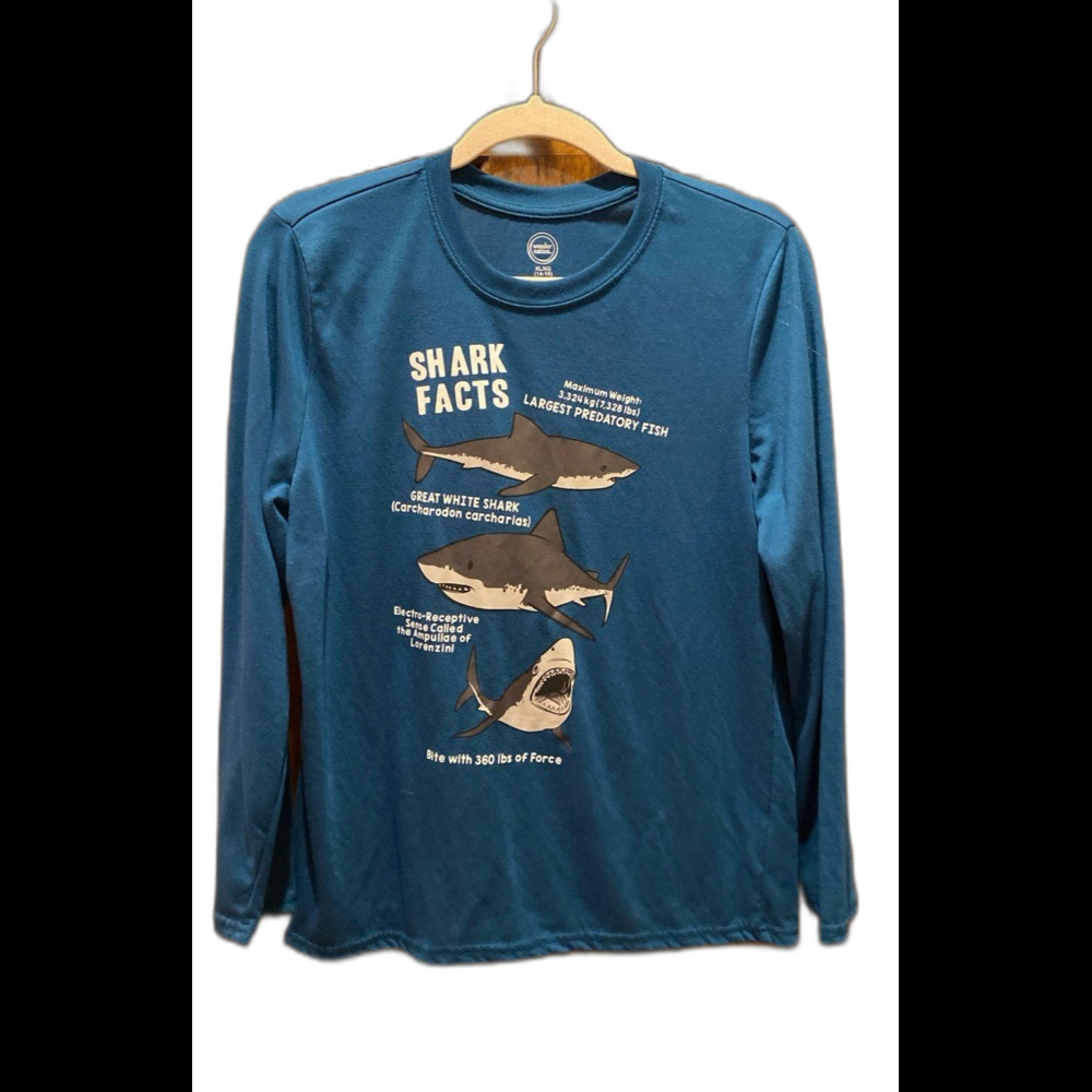 Wonder Nation Youth T Shirt Sz XL 14-16 Husky‎ Shark Facts Long Sleeve T Shirt